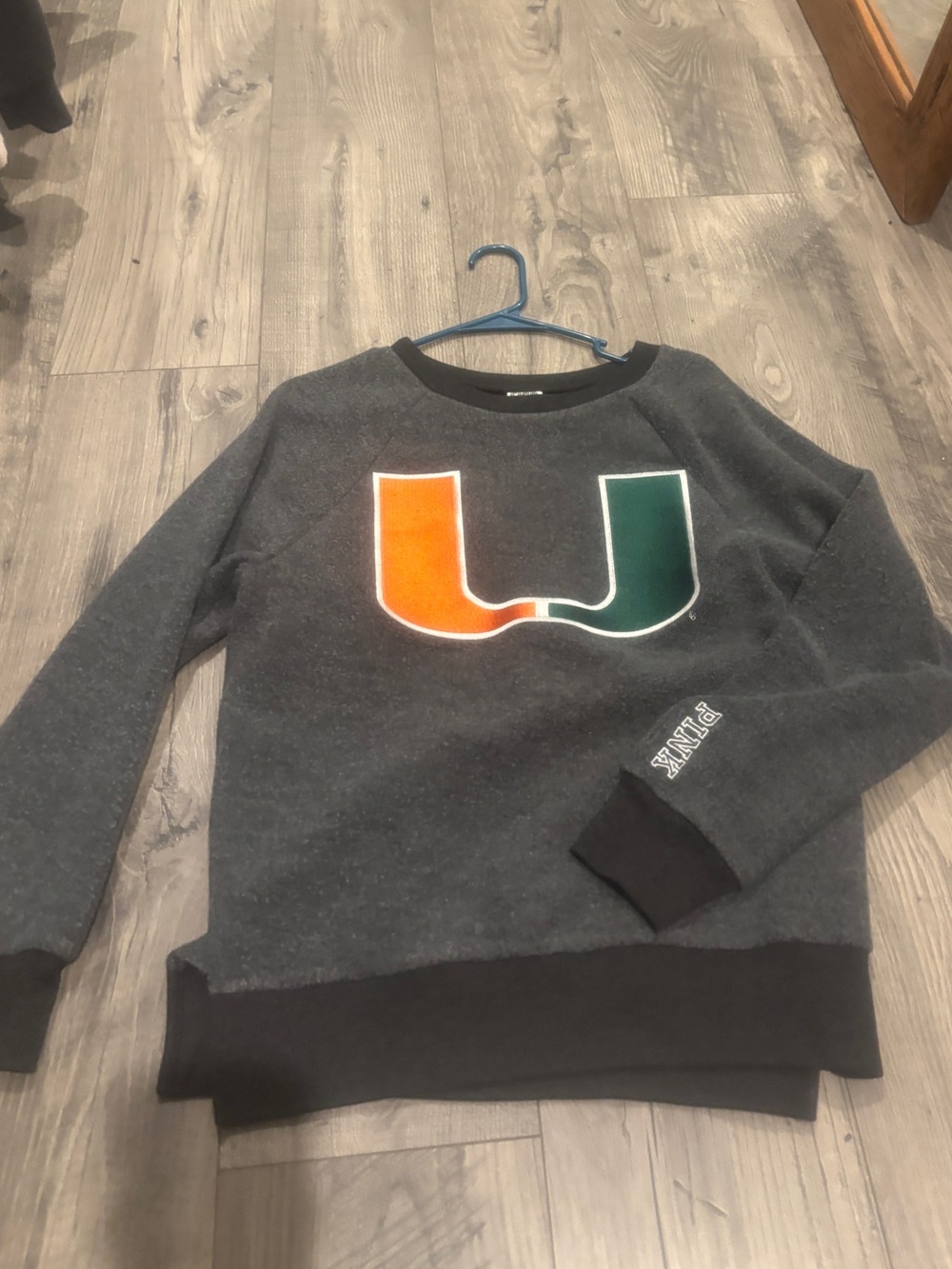 PINK Victoria's Secret Charcoal Crewneck with Orange & Green U Logo